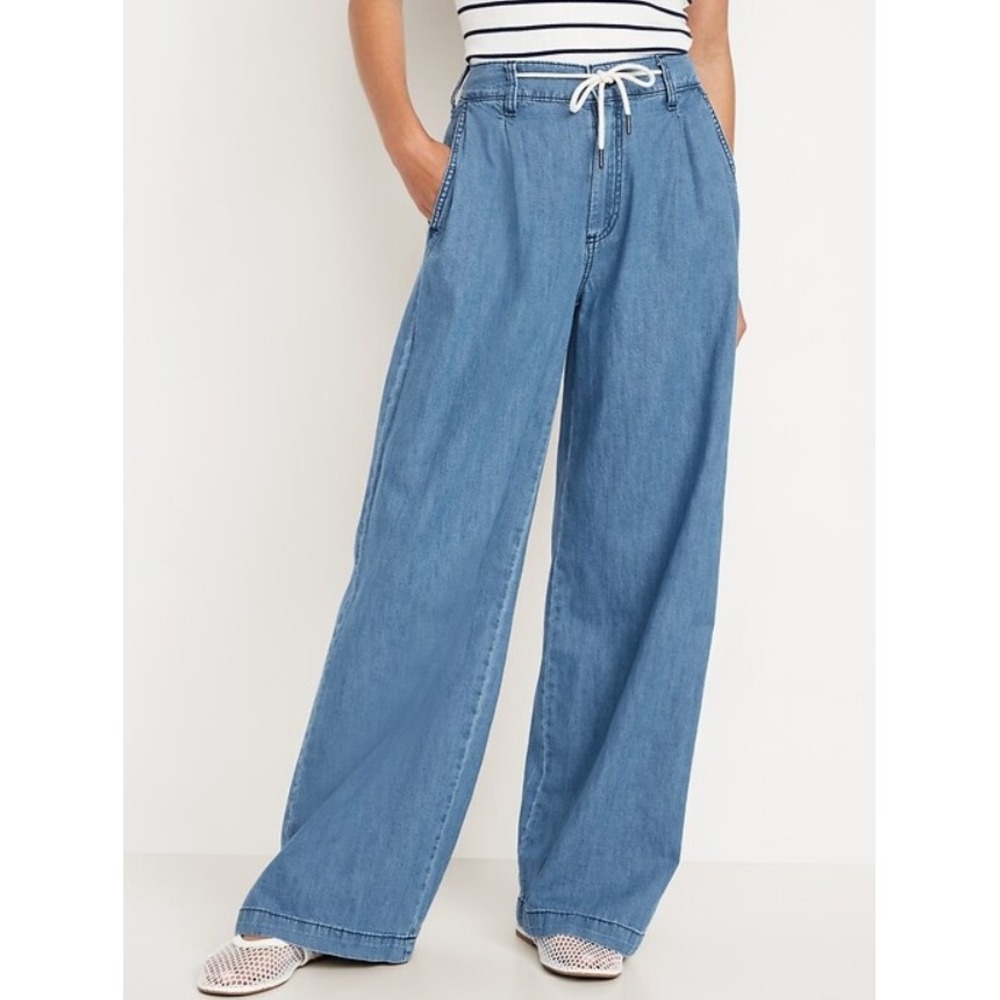 Old Navy Drapey Drawcord Wide Leg Pants Blue Denim High Rise Casual Chambray 16